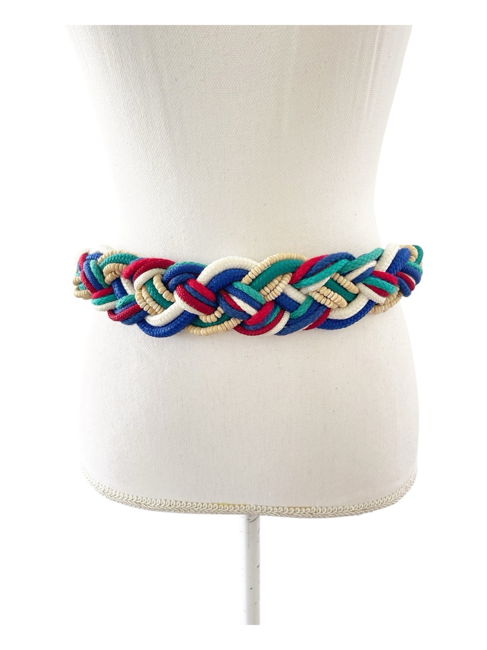 Vintage 80s Rope Statement Belt Colorful Nautical Wooden Bead Red White Blue